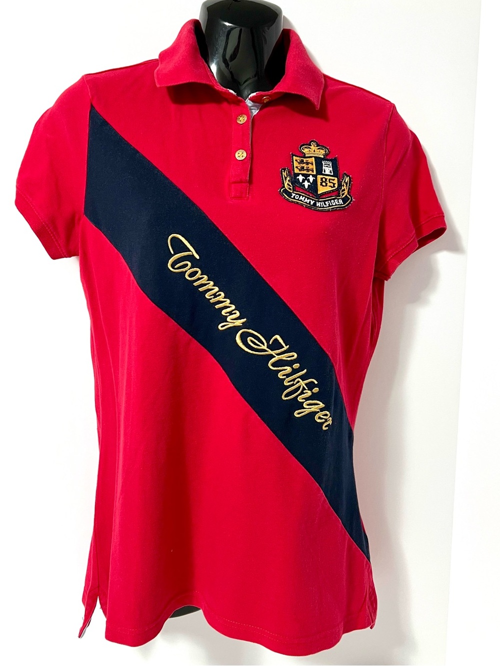 Tommy Hilfiger Red Polo with Navy Diagonal Sash and Gold Script